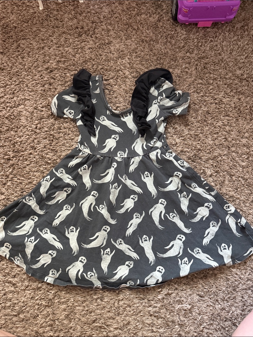 RAGS Black Ghost Print Ruffle-Sleeve Girls Dress
